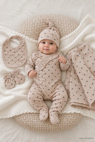 Mou&Kou 0-3 Months Heart Patterned Blanket, 5 Piece Overalls with Booties, Ho...