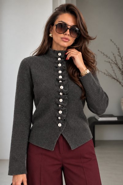 Trend Kapında Women's Stand Collar Ruffle Detailed Button Knitwear Cardigan