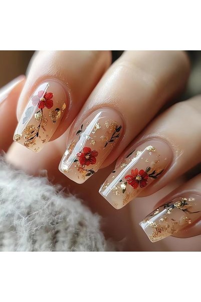 Arabest Medium Press on Fake Nails, Spring Summer Nail Art, Red Rose Flower G...