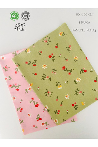 seyranat 2 Adet En Boy 50 cm Pembe Yeşil Çiçekli Hobi İşleri İçin Pamuklu Kumaş