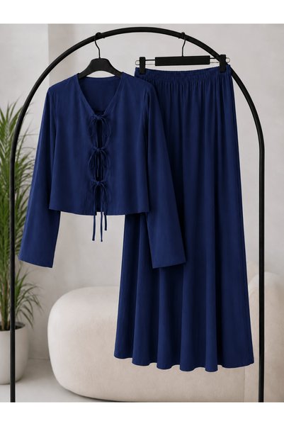 Hepsi Moda Tied Skirt Suit - 3014 - Navy Blue