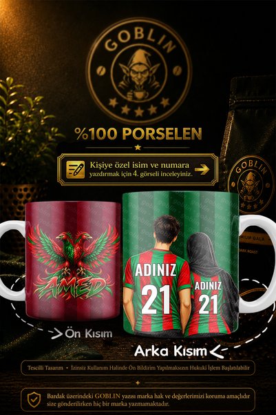 Goblin Kişiye Özel İsimli ve Numaralı Sevgililer Tesettürlü Kırmızı Yeşil Tar...