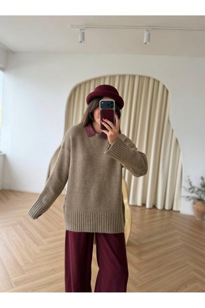 yeditepe fashion سترة تريكو كبيرة الحجم ذات ياقة متموجة ونقشة مربعات
