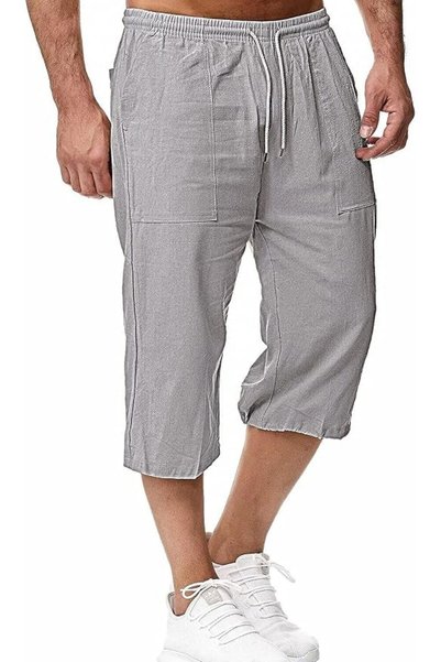 GENERAL HangNiFang Men's Long Linen Shorts Below Knee Pocketed 3/4 Summer Dra...