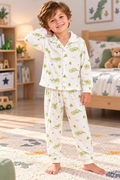 SERPİL Boy's Patterned Buttoned Long Sleeve Pajama Set Bottom Top Set