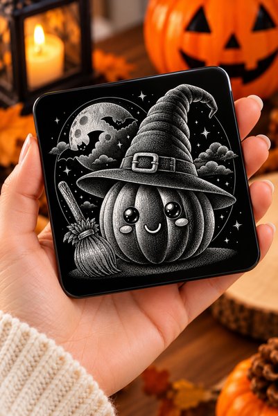 PakerStudio Halloween (Boo Ghost and Pumpkin Patterned) Themed Acrylic Laser-Engraved Coaster (Felt Base)