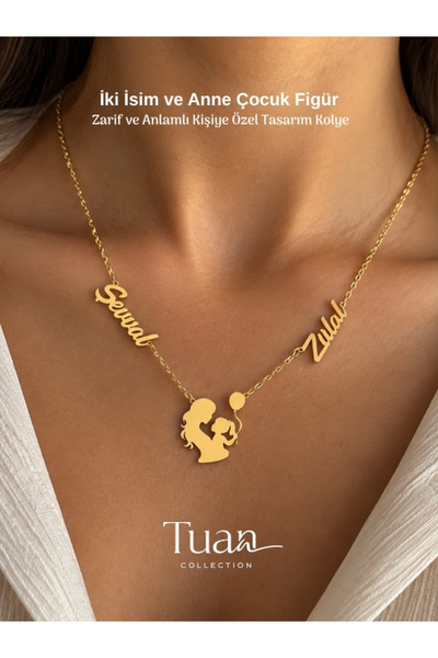 Tuan Collection İki İsimli Anne Kız Çocuk Figürlü Kişiye Özel Çelik Zincir La...