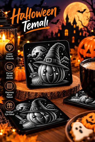 PakerStudio Halloween (Boo Ghost and Pumpkin Patterned) Themed Acrylic Laser-Engraved Coaster (Felt Base)