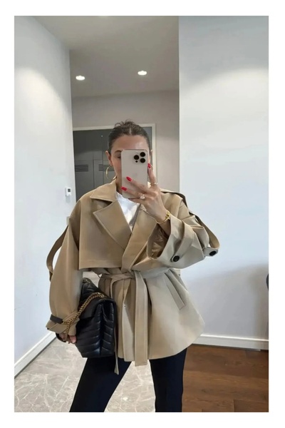 Ekim Store Μπεζ καμπαρντίνα με διπλό στήθος και κουμπιά