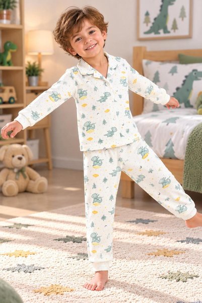 SERPİL Boy's Patterned Buttoned Long Sleeve Pajama Set Bottom Top Set