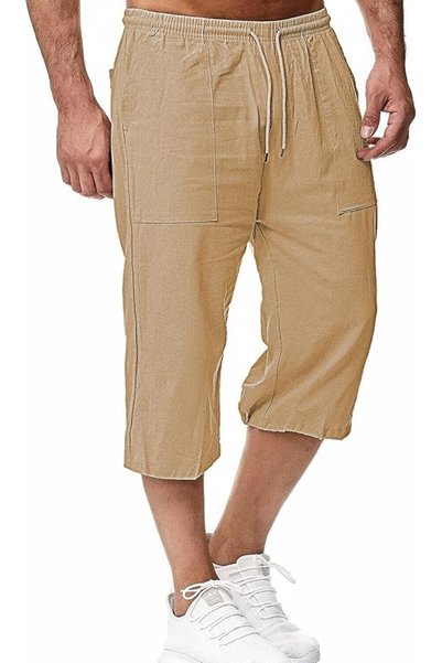 GENERAL HangNiFang Men's Long Linen Shorts Below Knee Pocketed 3/4 Summer Dra...