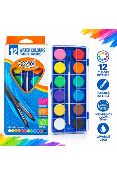 S COOL Set acuarele S-COOL Collection, 12 culori intense, cu pensulă inclusă