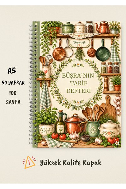 VORACRAFT Kişiye Özel Yemek Tarif Defteri, 50 Yaprak /100 Sayfa, A5 / Tel Spi...