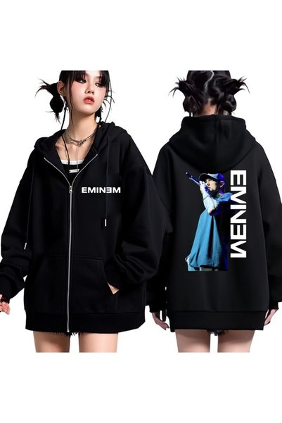 Vordevia Eminem Printed 3 Thread Zipper Cardigan with Embroidery Oversize