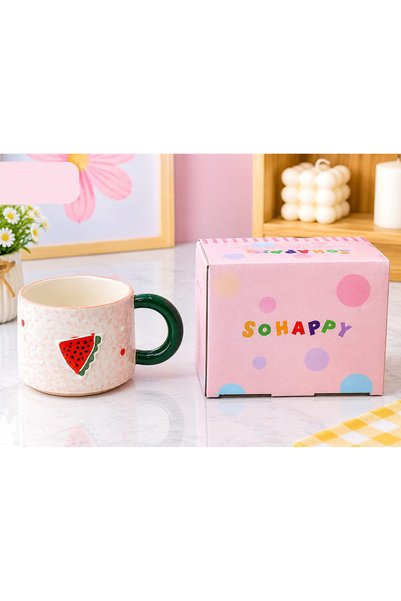 wafra store كوب سيراميك بتصميم بطيخ بارز ومقبض أخضر مع علبة هدايا - فنجان قهو...