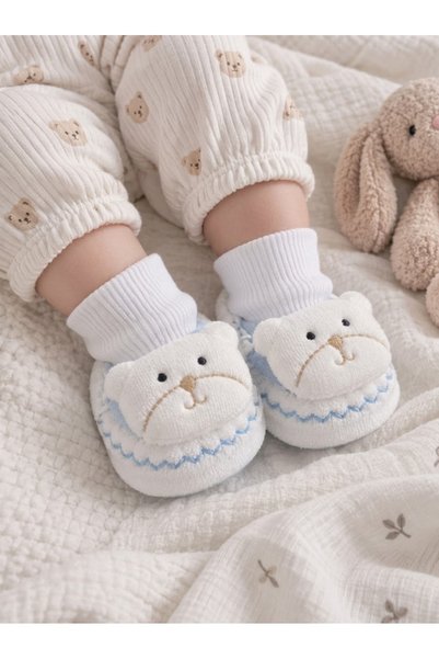 PAMUKBEBEE Sevimli Ayıcık Figürlü Pamuklu Bebek Panduf Çorap – Kaydırmaz Taba...