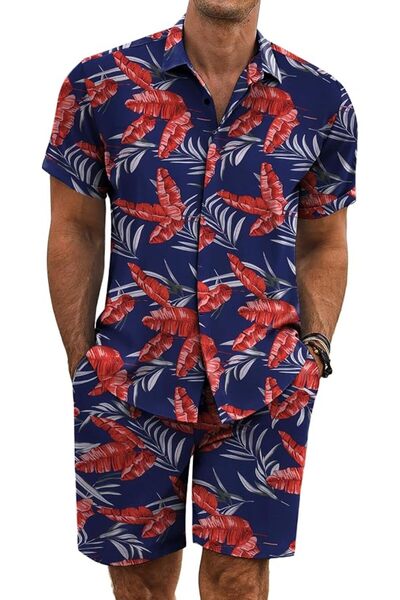COOFANDY Men's Summer Beach Outfits 2 Piece Short Sleeve Shirts and Shorts Va...