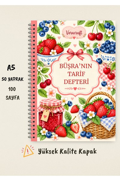 VORACRAFT Kişiye Özel Yemek Tarif Defteri, 50 Yaprak /100 Sayfa, A5 / Tel Spi...