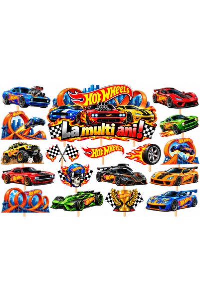 DecoParty Set de decorațiuni pentru tort – Tematică HOT WHEELS, 18 piese, Car...