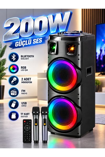 blueseed 200 W 2 Mikrofonlu RGB Işıklı Kendinden Karaoke Efektli Ses Bombası ...