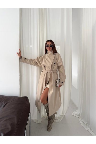 Ekim Store Langer Trenchcoat mit Stehkragen, zweireihigem Schnitt und Gürtel