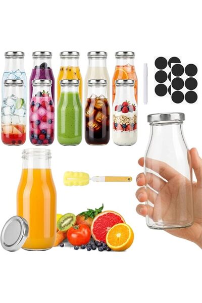Home Zone 12 Pack Round Glass Milk Bottles With Gold Lids 8.5oz/250ml Glass B...