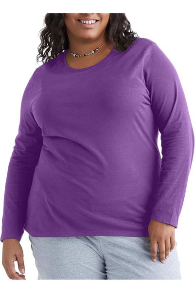 HANES Womens Long Sleeve Shirt Just My Size Plus-size Long Sleeve Cotton T-sh...