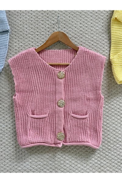 Hepsi Moda Gold Button Double Pocket Knitwear Vest - 4042 - Pink