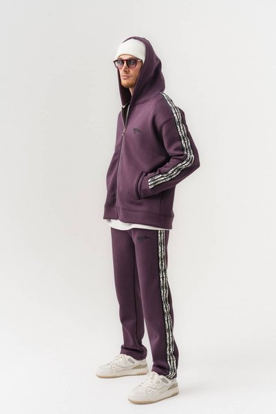 go gang own Softline Panda Fabric Hooded Zippered Men's Set with Stripe Detail