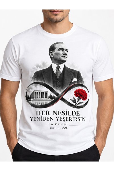 MEN'S WEAR Premium ÇOÇUK YETİŞKİN Unisex CUMHURİYET ATATÜRK 29 EKİM 10 KASIM Baskılı %100 Pamuklu Bisiklet Yaka Kısa Kollu Siyah-Beyaz T-Shirt Tişört BATTALBOY BÜYÜK BEDEN