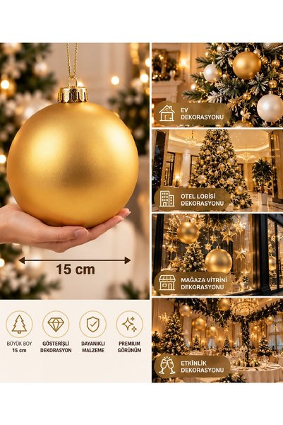 Bkmc Yılbaşı Ağaç Süsü Mat Top 15 cm Büyük Boy Dekoratif Çam Ağacı Süsü Kırmızı Gold Altın Noel Ağacı Süsü Yılbaşı Ağaç Süsü