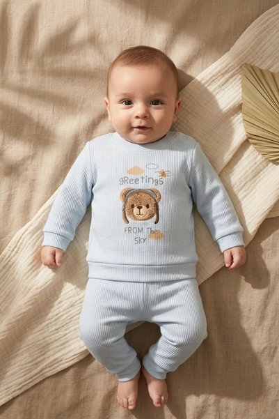 ANP MODA TASARIM Digital Embroidered Baby Sky Pilot Embroidered Cotton Double...