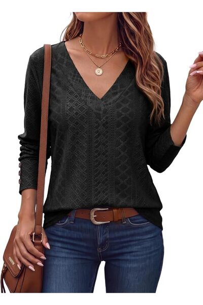 Sthxyfaith Women's 3/4 Length Sleeve Womens Eyelet Tops Loose V-Neck T-Shirts...