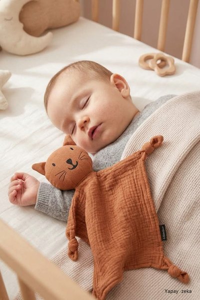 Ju Yaratıcı Tasarım Uyku Arkadaşı %100 Pamuk Müslin Kedi Kahve Rengi