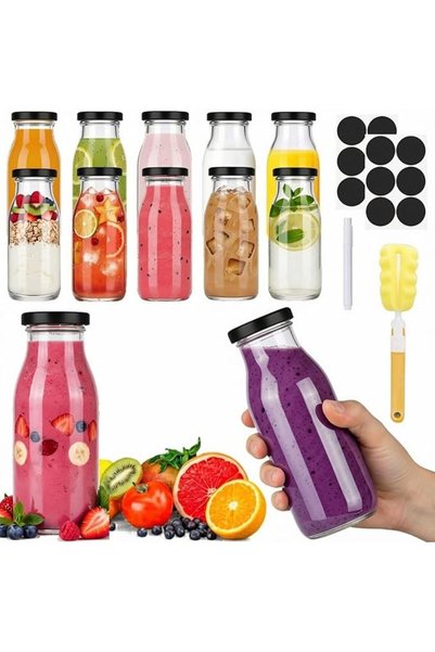 Home Zone 12 Pack Round Glass Milk Bottles With Gold Lids 8.5oz/250ml Glass B...