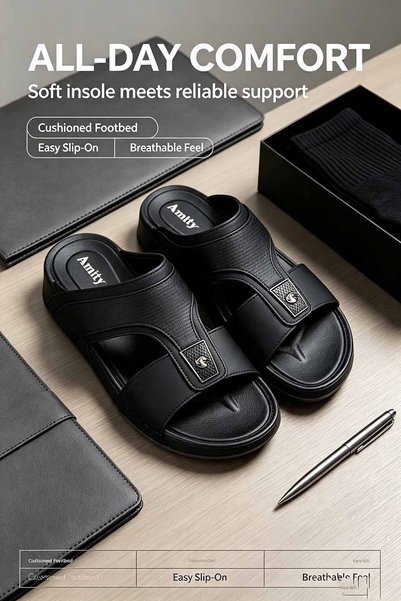 Alnoor Global Store صنادل رجالية خفيفة الوزن بحزامين، جزء علوي من الجلد، نعل مبطن، نعل مرن مانع للانزلاق، تصميم بسيط وخفيف، شباشب صيفية عصرية