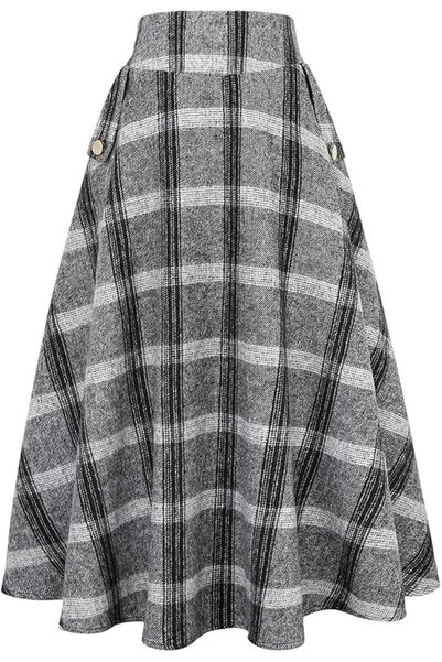 GENERAL IDEALSANXUN Women’s Fall Winter High Waisted Wool Plaid A-line Long S...