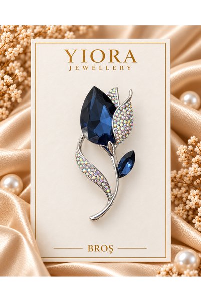 yiora İthal Premium Seri Gümüş Renk Lacivert Kristal Taşlı Çiçek Yaprak Model...