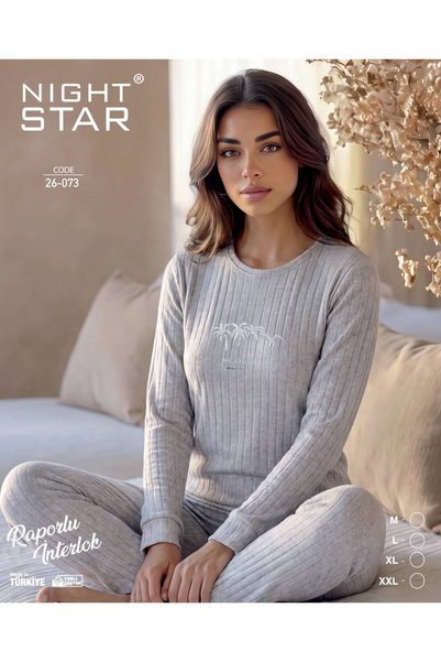 Night Star طقم بيجامة روما قطني محبوك مطبوع عليه شجرة النخيل باللون الرمادي