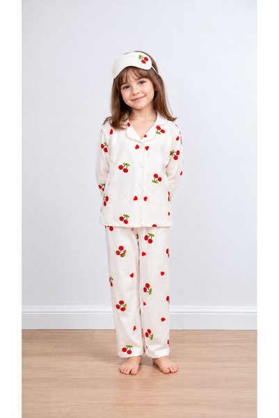 FURYATEX Girls Cherry and Heart Pattern Long Sleeve Buttoned Pajama Set |   S...