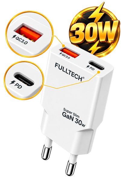 FULLTECH FC71 30W GaN Hızlı Şarj Adaptörü – Type-C PD ve USB-A QC 3.0 Çift Çıkışlı Süper İnce Şarj Cihazı