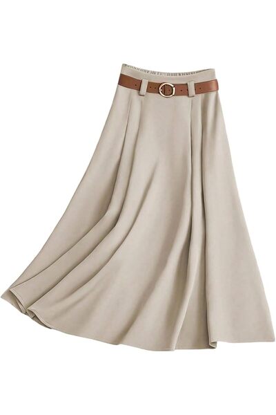 GORGLITTER Women's Elastic Waist Pleated A Line Midi Skirts Belted Flared Flo...