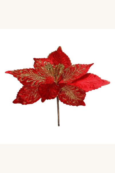 Comerivo Craciunita rosie catifelata cu glitter auriu, 26cm - decor festiv pe...