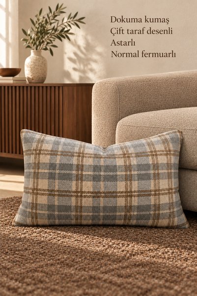 fdm desıgn Ekose Dikdörtgen Kırlent Kılıfı 30x50 Gri Kahverengi Astarlı Dokum...
