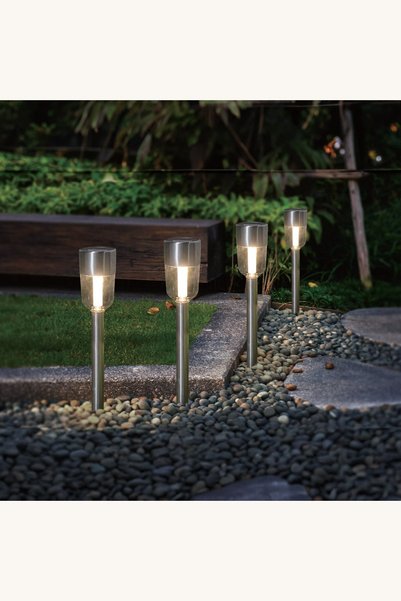 Comerivo Lampă solară rotundă argintie tip stick, metalică, cu LED alb, 34,8 cm