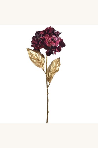 Comerivo Floare artificială de Crăciun, hortensie bordo cu frunze aurii, tulp...