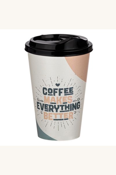Comerivo Cana reutilizabila pentru cafea, 500ml, cu capac negru si imprimeu