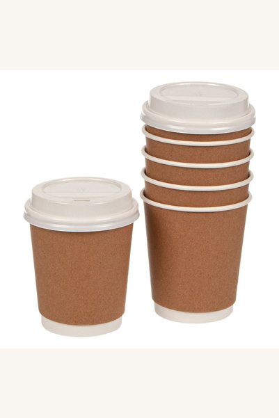 Comerivo Set 10 pahare carton kraft cu capac pentru cafea si ceai la 300ml