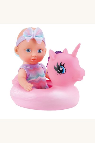 Comerivo Bebelus roz cu costum de baie lila si colac unicorn pentru joaca in apa