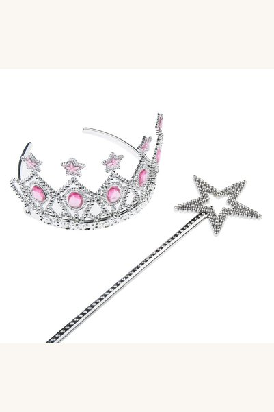 Comerivo Set Tiara si Bagheta Argintie cu Pietre Roz pentru Fetite